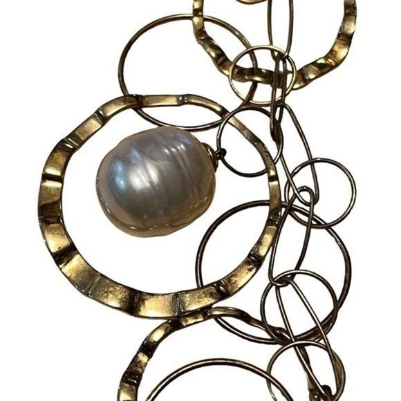 Gold Tone Costume Necklace Pearl Like Circle Links Layers of Circles - Picture 9 of 9